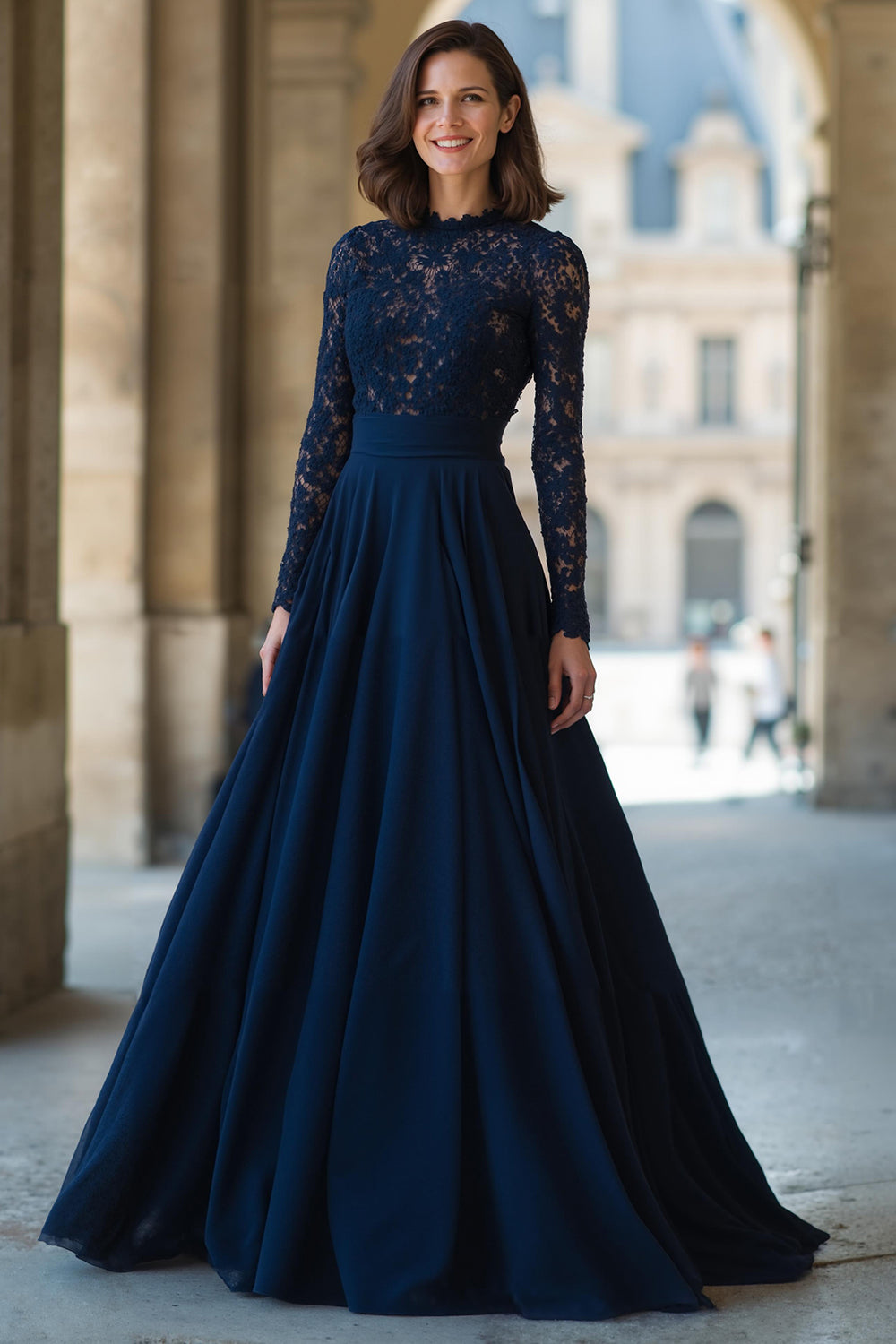 Dresstells Women Navy Chiffon Long Sleeves Wedding Guest Dress with Lace High Neck A-Line Wedding Party Dress