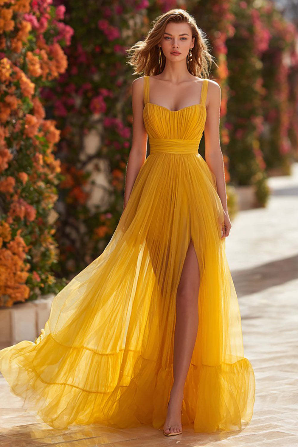 Leely Women Yellow Pleated Long Prom Dress with Slit A-Line Thick Straps Formal Dress