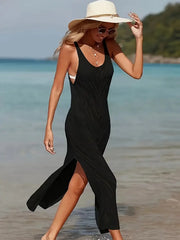 * Black Beach Cover-Up Dress with Cut-Out Details