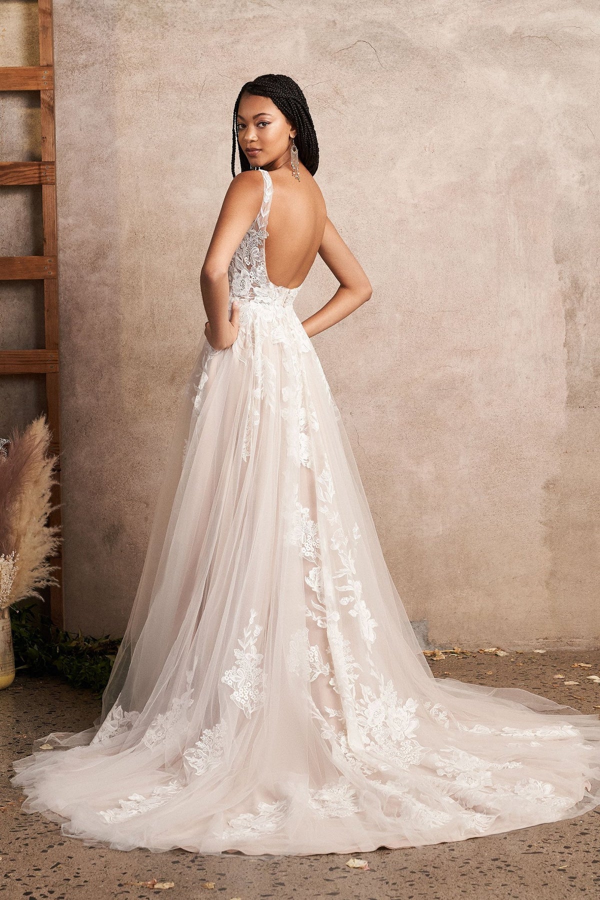 66225: Square Neck Tulle A-Line Gown with Sequined Appliqués