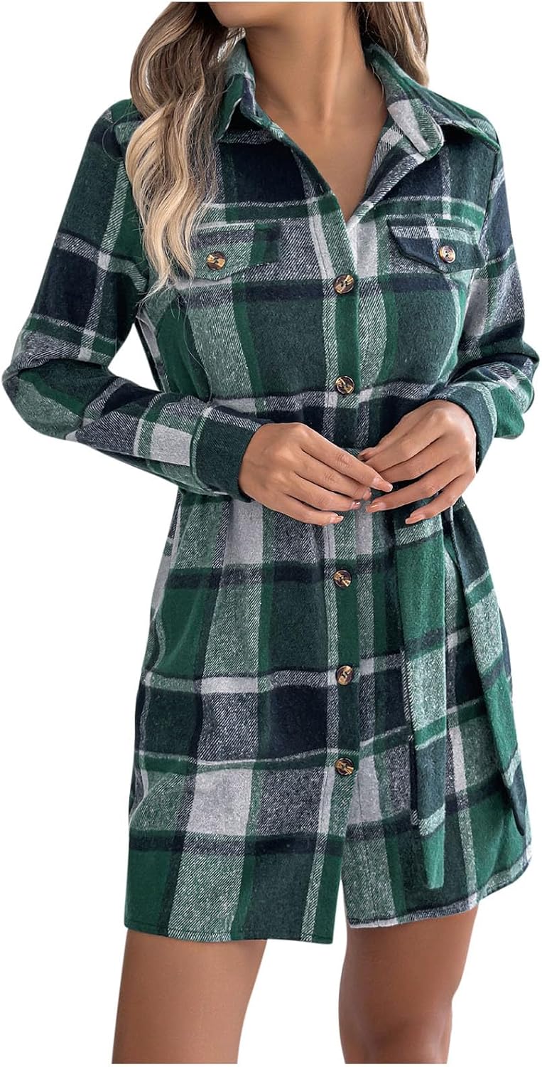 Women Plaid Flannel Button Down Dress Fall Winter Work Casual Business Shirt Dresses Elegant Lapel Office Midi Dress
