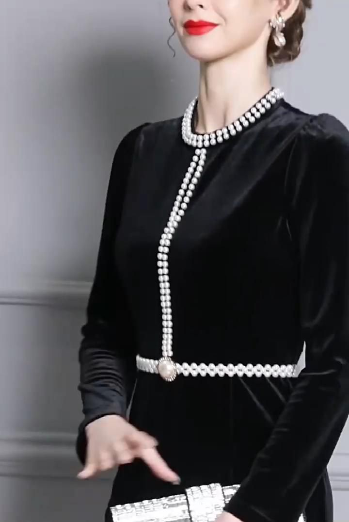 Retro Black Velvet Dress with Pearls #ZL125