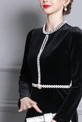 Retro Black Velvet Dress with Pearls #ZL125