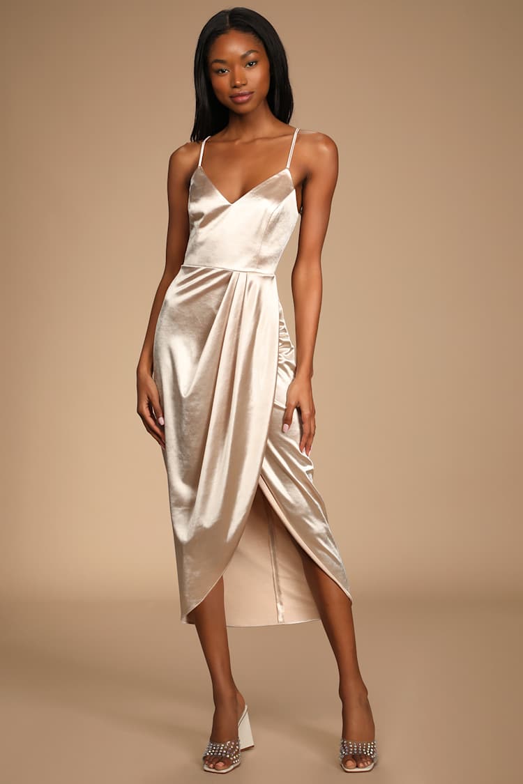 Champagne Midi Dress - Satin Dress - Tulip Dress - Midi Dress