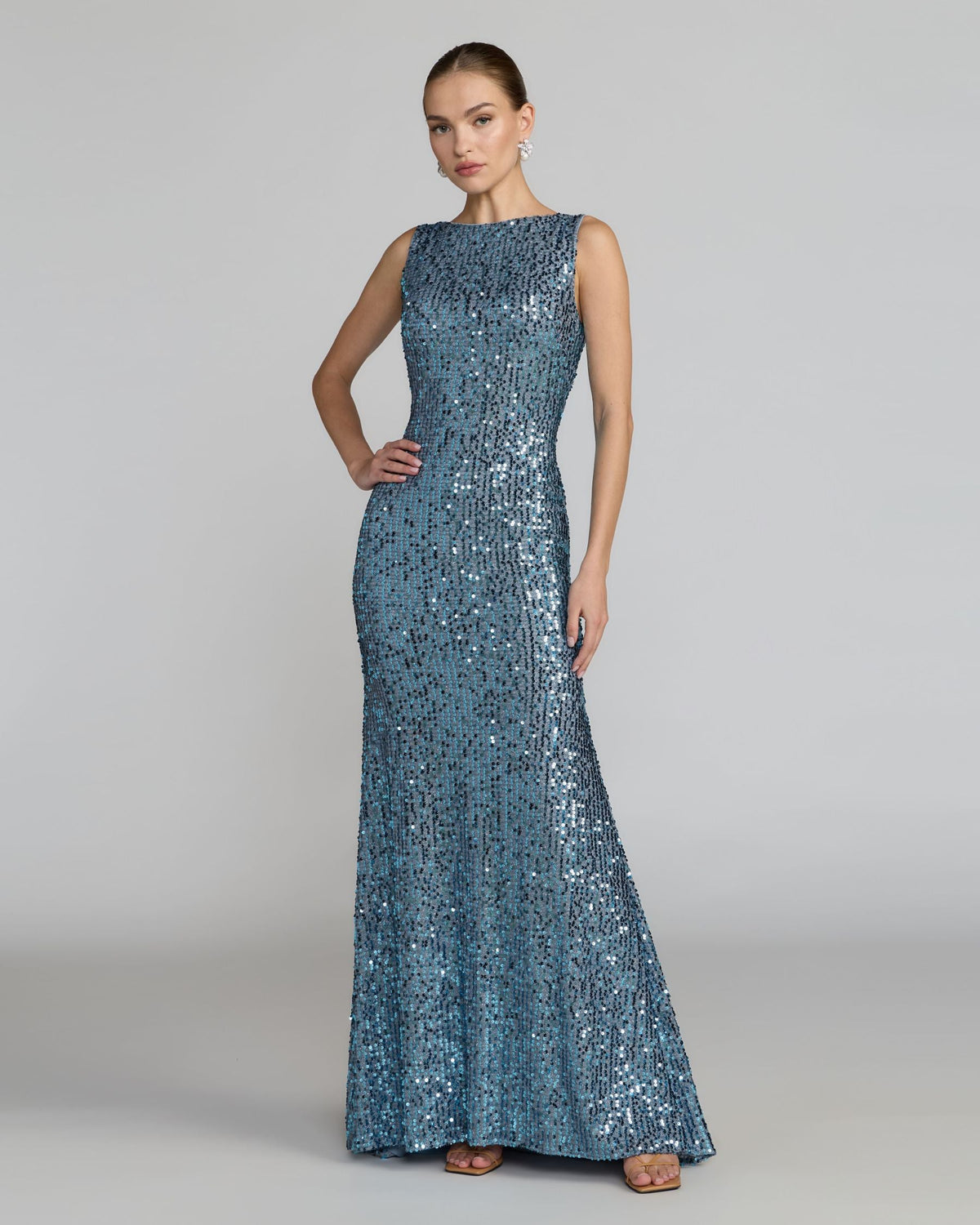 Petite Blue Cowl Back Boat Neck Sequined Evening Gown Ieena for Mac Duggal