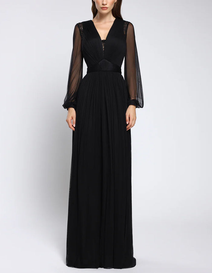 Black Chiffon Lace Long Sleeves Maxi Dress