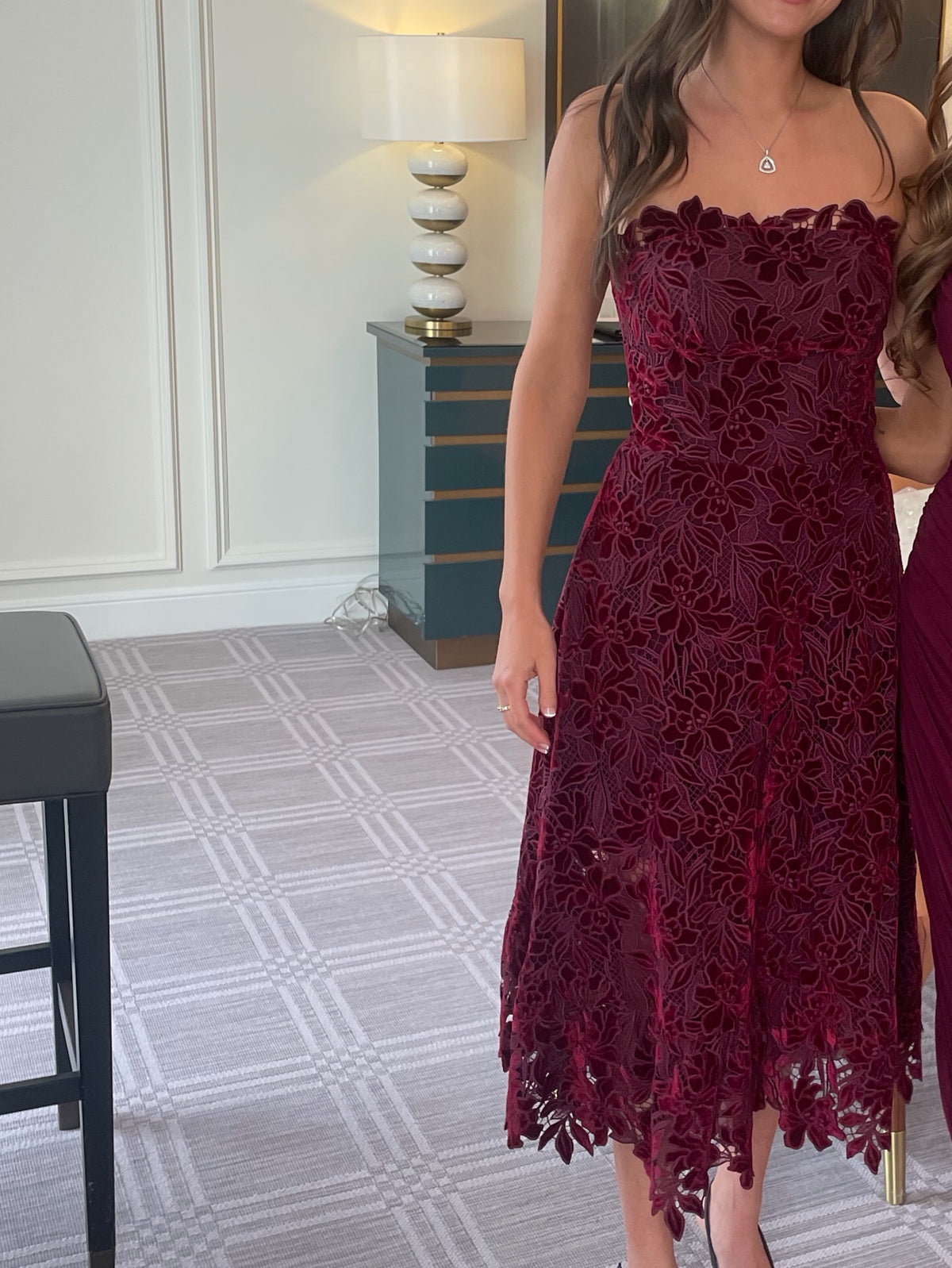 DRESS THE POPULATION - burgundy strapless lace dress by Dress The Population