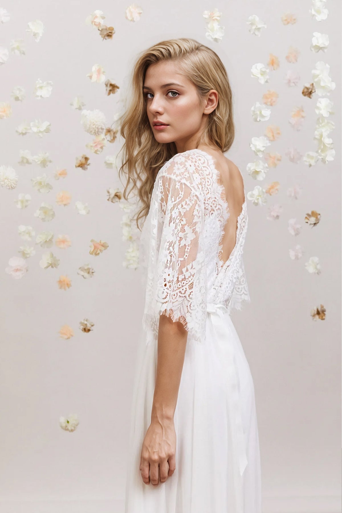 A Line V Neck Lace Short Sleeve Boho Wedding Dress Beach Bridal Gown Custom Size / White