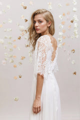 A Line V Neck Lace Short Sleeve Boho Wedding Dress Beach Bridal Gown Custom Size / White
