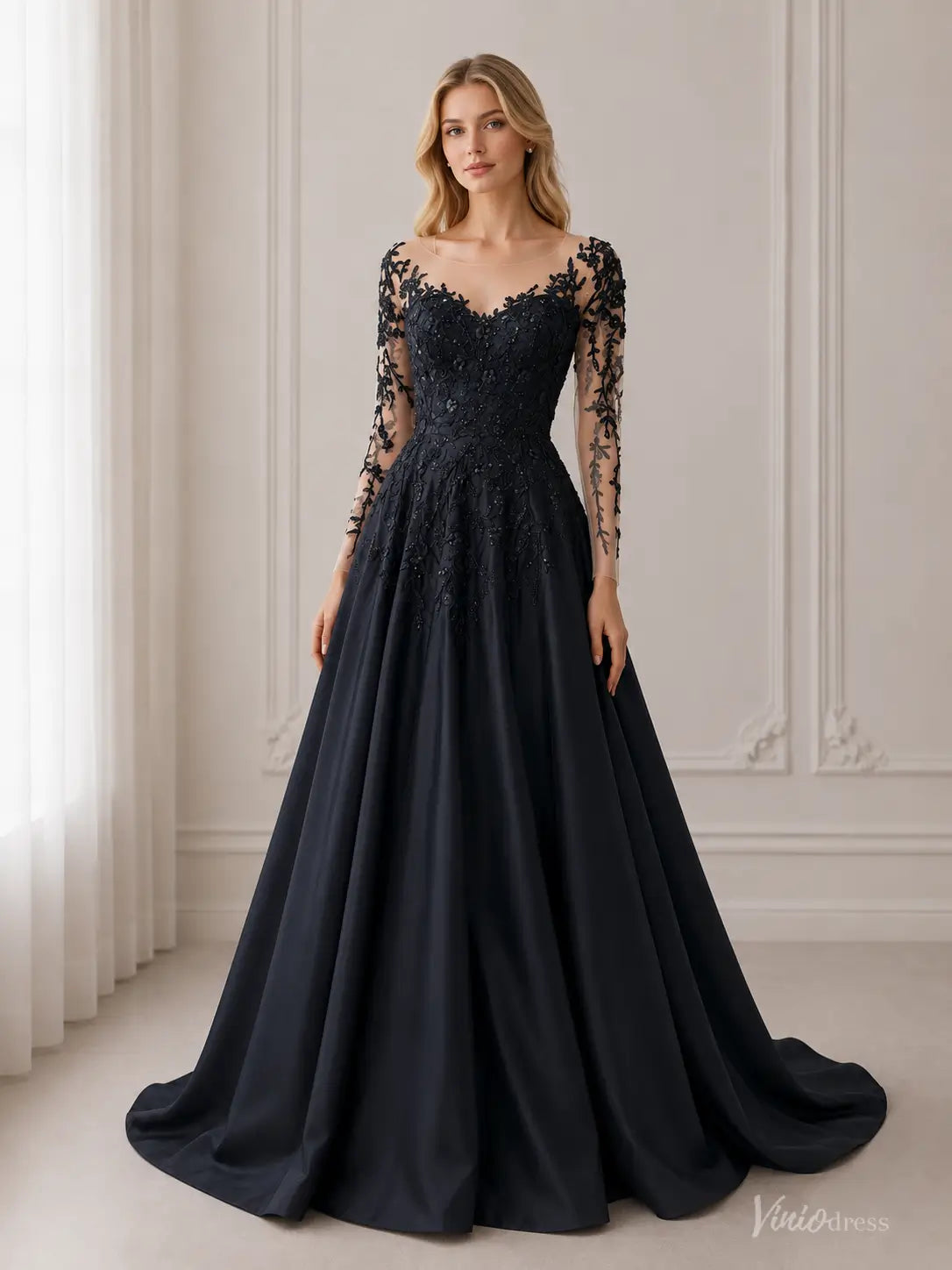 Black Gothic Wedding Dress | Long Sleeve Satin Gown with Beaded Lace Appliqués BK111-wedding dresses 2026-Viniodress-Black-Custom Size – Add Measurements in Cart-