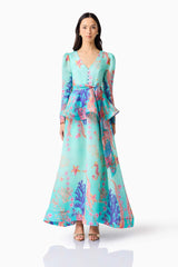 Brunette model wearing the Coral Long Sleeve Maxi Dress in Blue Multi front shot