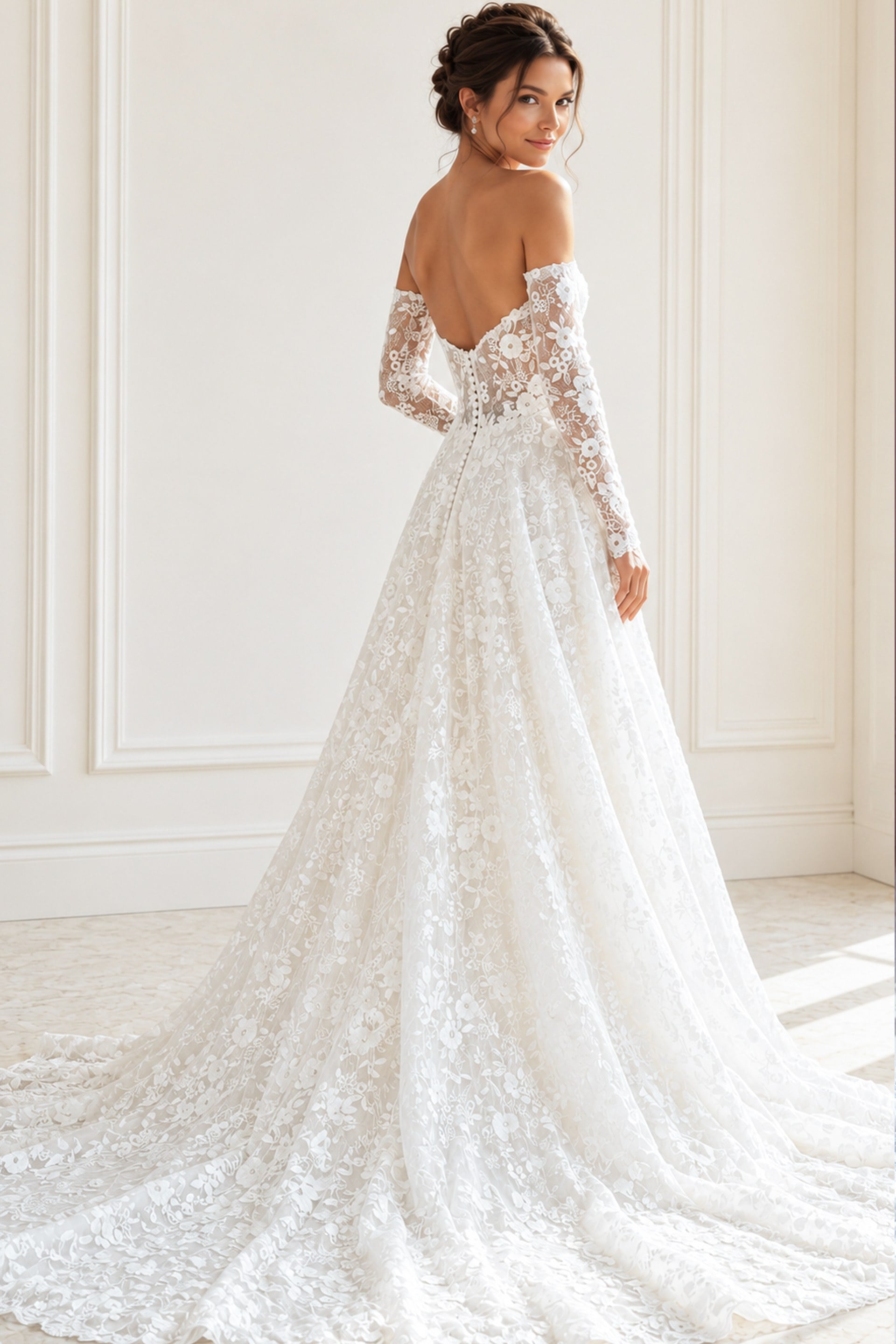Off Shoulder Lace A Line Bridal Gown JB43864