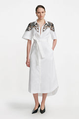 Abstract Floral Embroidery Belted Shirt Dress