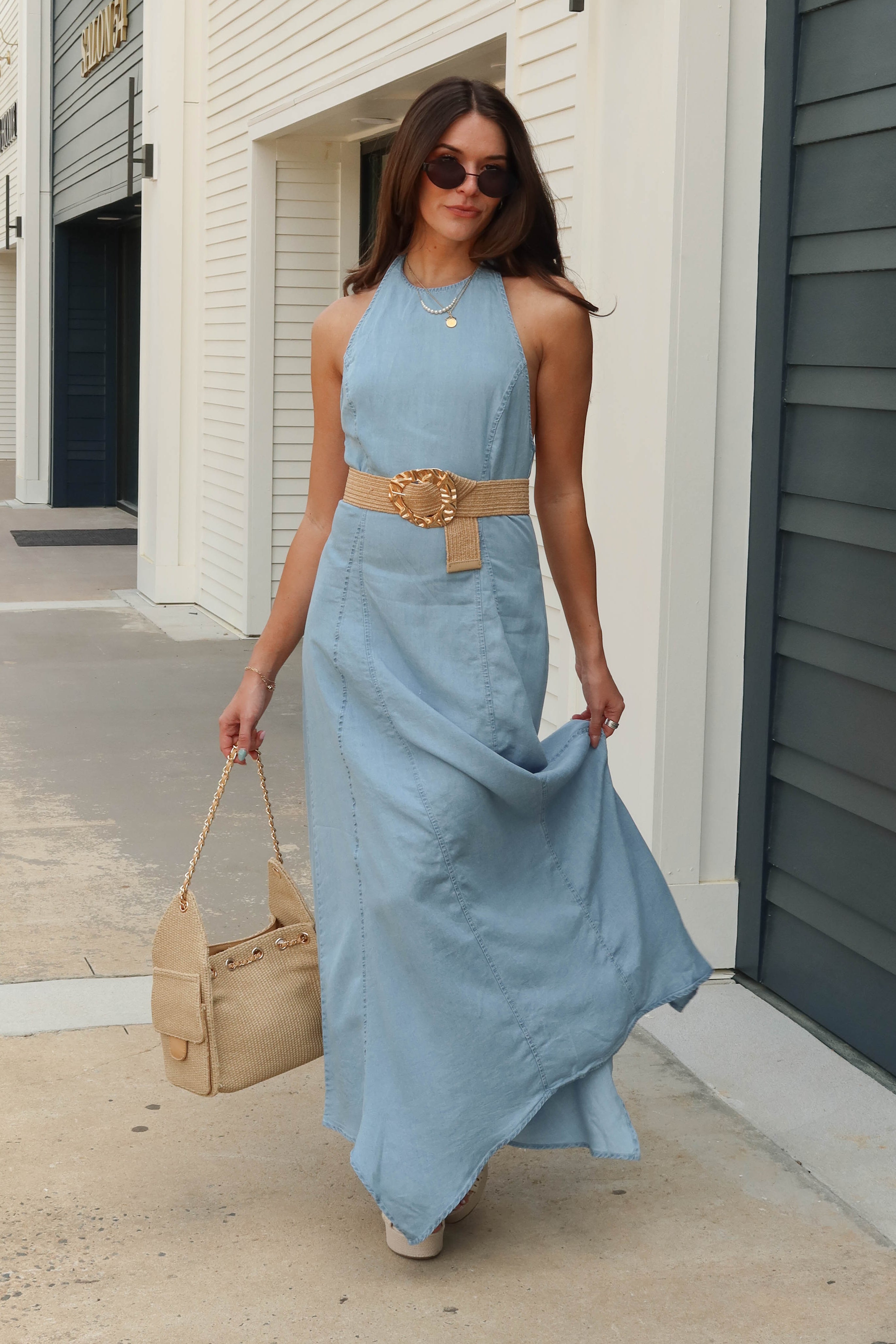 Mabel Blue Chambray Halter Maxi Dress - full body front view