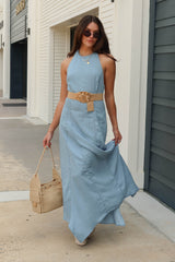 Mabel Blue Chambray Halter Maxi Dress - full body front view