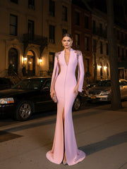 Long Sleeve Crystal Shoulders A Line Maxi Dress Pink