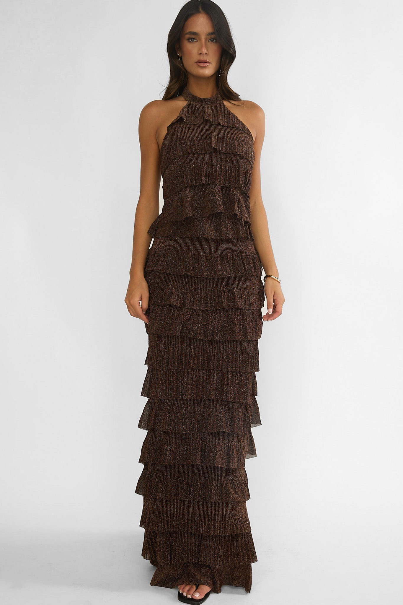 Kaelia Tiered Halter Maxi Dress Sparkle Brown by Selfie Leslie