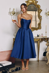 Formal Dresses Short Midi Evening Cocktail Dress Navy-Mikado-T822-A-Line