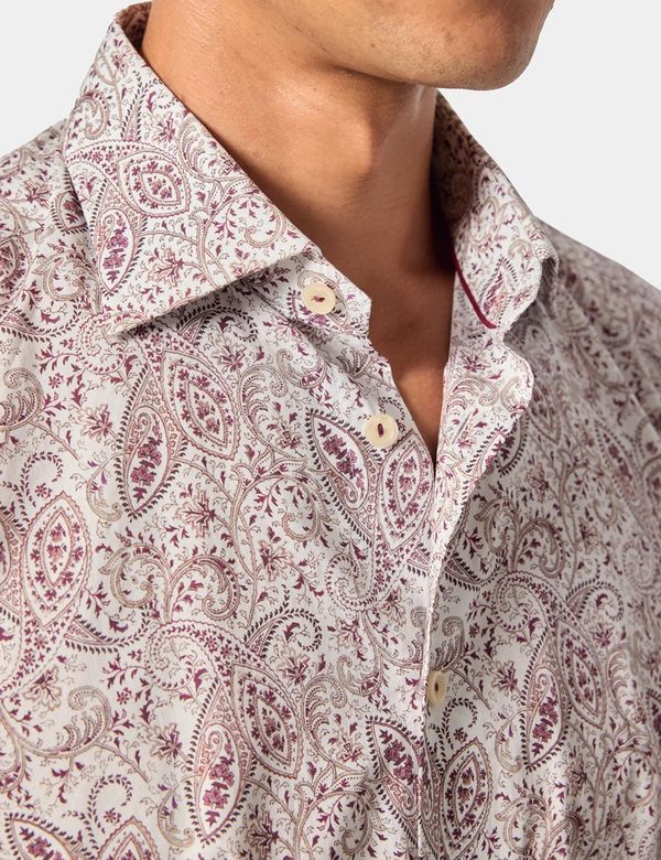 Hawes & Curtis Slim Fit White & Burgundy Paisley Cotton Poplin Curtis Shirt | White/Burgundy