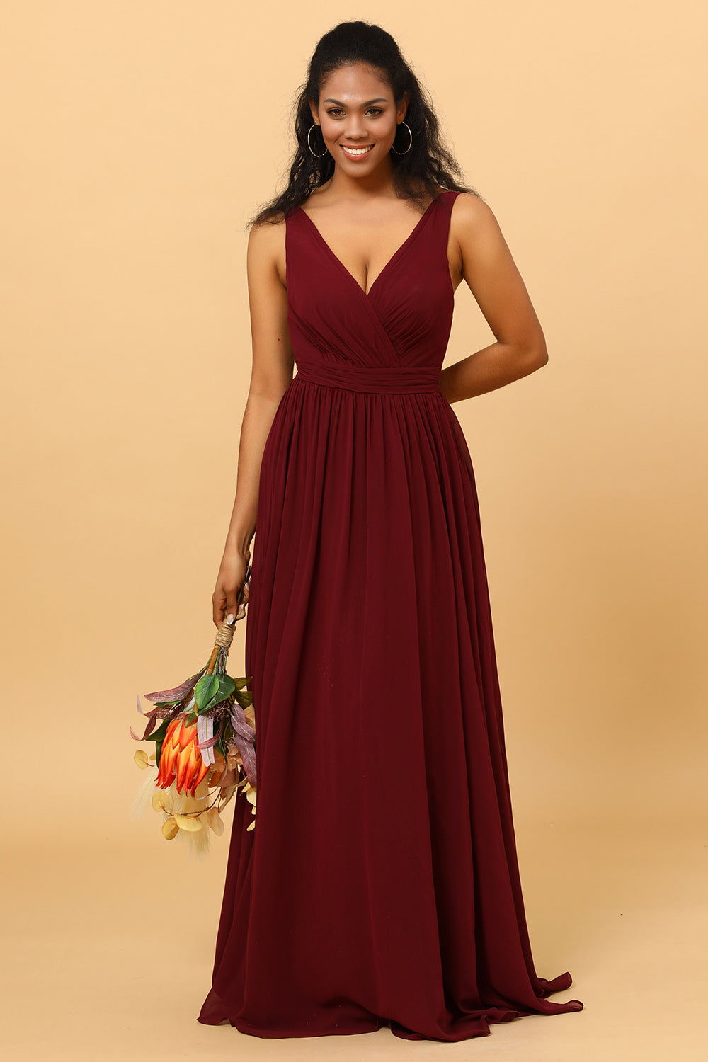 bridesmaids dress burgundy Wedtrend Cabernet A Line V Neck Sexy Pleated Floor Length Chiffon Long Bridesmaid