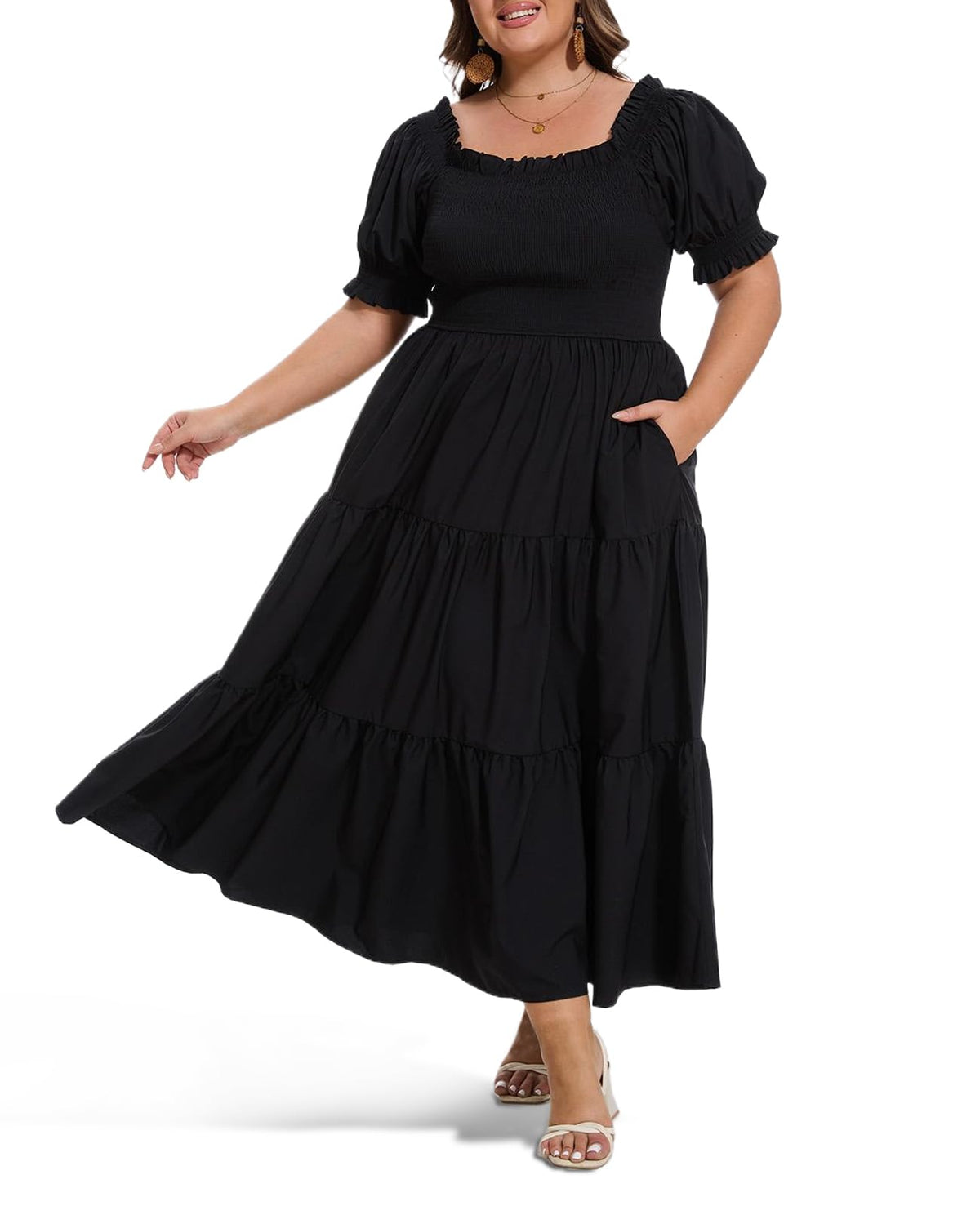 Plus size black square-neck maxi dress with puff sleeves and tiered skirt