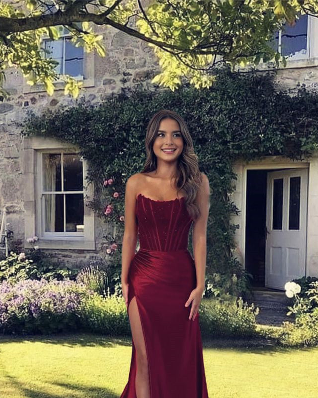 windsor burgundy prom dress silk Mermaid Burgundy Lace Strapless Split Satin Dress – Lisposa Size:17.5-36/37 Simple But Perfect For tight dresses homecoming Various Types of Bridesmaid –