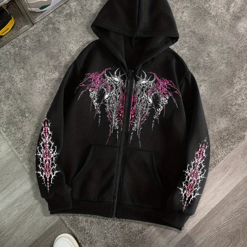 Men's Gothic Dark Print Zipper Hooded Casual Sports Sweatshirt Zipper Jacket Autumn and Winter New Casual Retro Street Style Top