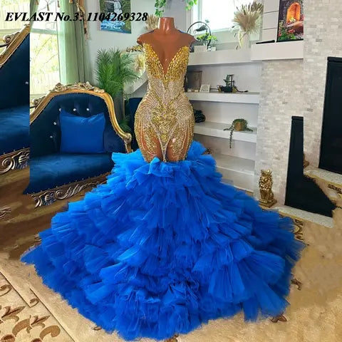 EVLAST Customized African Royal Blue Mermaid Prom Dress Aso Ebi Black Girls Gold Crystal Beaded Party Gown Robe De Soirée E3P611