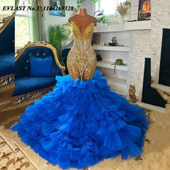 EVLAST Customized African Royal Blue Mermaid Prom Dress Aso Ebi Black Girls Gold Crystal Beaded Party Gown Robe De Soirée E3P611