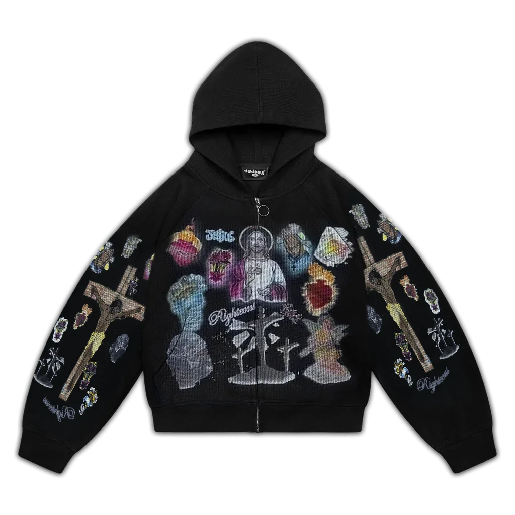 Trendy Y2K Mens Street Black Zip Up Hoodie Unisex with Religious Pattern Multi Element Print for Niche Youth Express Personality