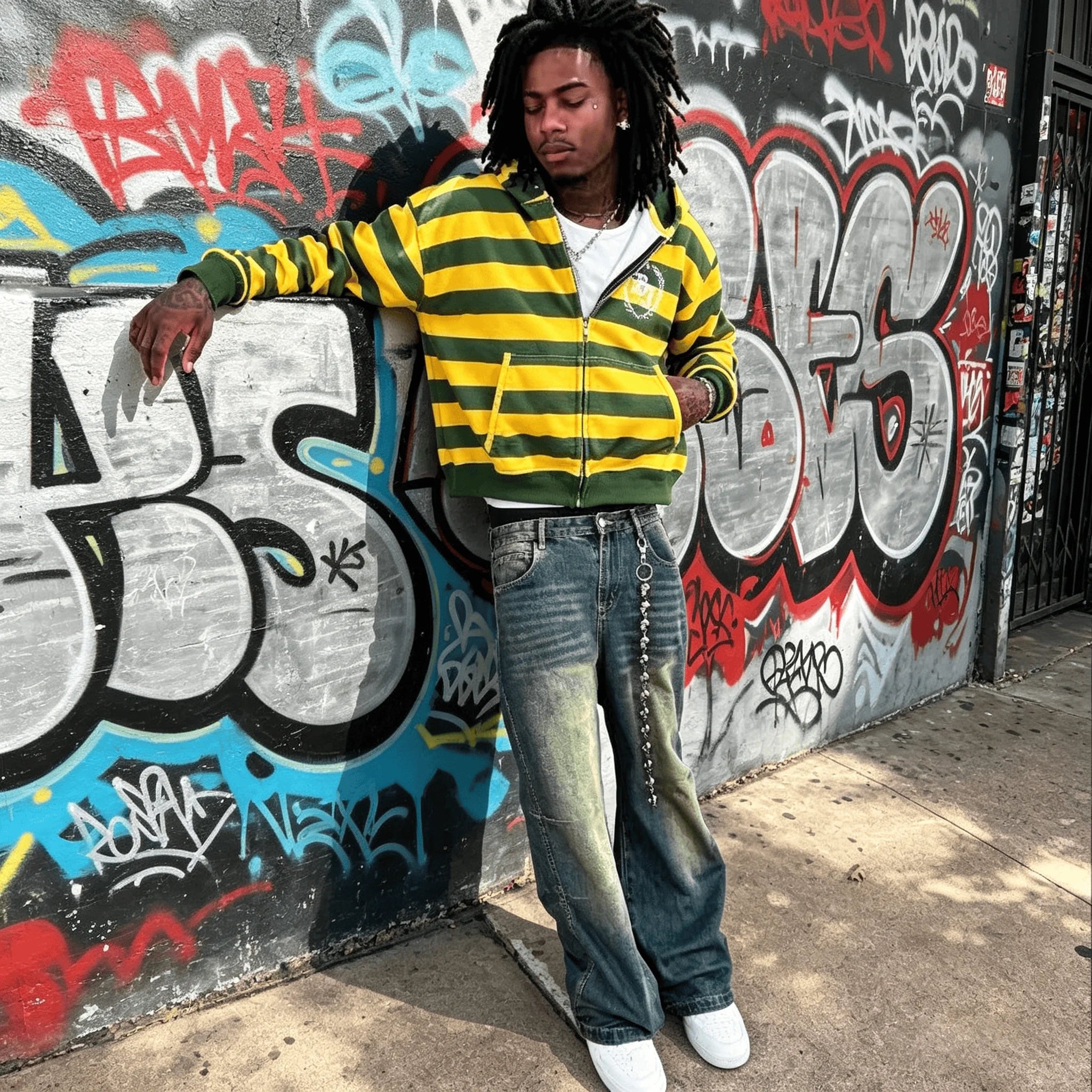 Men Casual Yellow and Green Striped Zip Up Hooded Sweatshirt American Streetwear Retro Campus Sports Style with Rivet Decoration