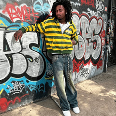 Men Casual Yellow and Green Striped Zip Up Hooded Sweatshirt American Streetwear Retro Campus Sports Style with Rivet Decoration