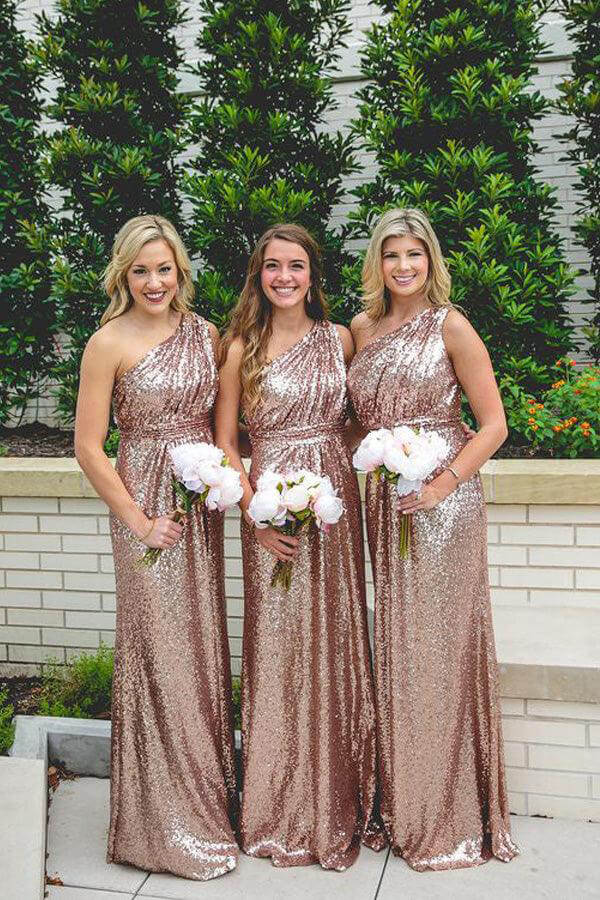 Sparkly Rose Gold Sequins One Shoulder Long Bridesmaid Dresses, MBD189 | gold bridesmaid dress | sequins bridesmaid dresses | cheap bridesmaid dress | musebridals.com