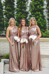 Sparkly Rose Gold Sequins One Shoulder Long Bridesmaid Dresses, MBD189 | gold bridesmaid dress | sequins bridesmaid dresses | cheap bridesmaid dress | musebridals.com