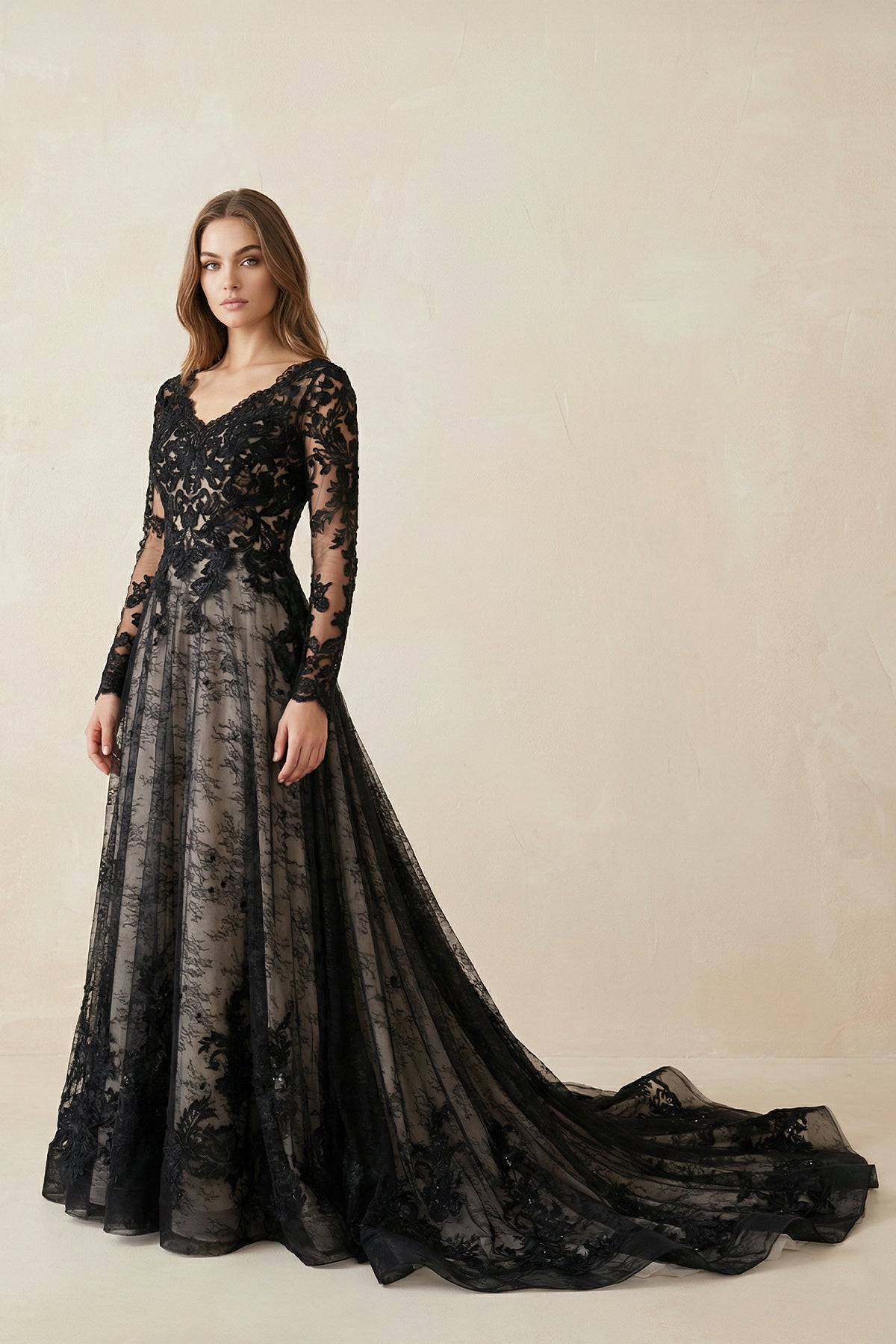 Modern Gothic Boho Lace Black Wedding Dress Vintage Unique A-Line Long Sleeve Bridal Gown with Court Train – Wedding Dresses by KissProm | Available at KissProm