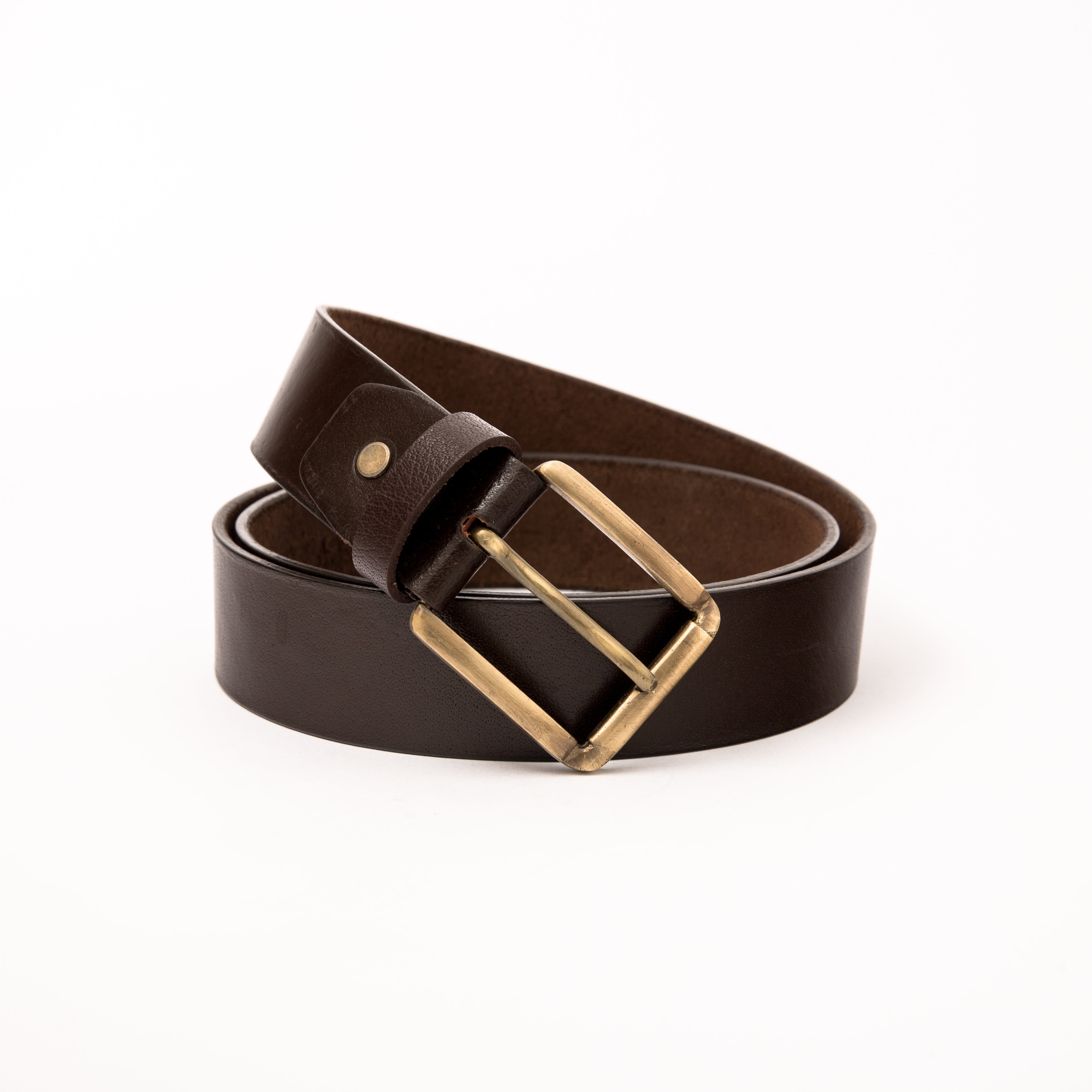Photo of a casual dark brown leather belt with an antique copper buckle, shown rolled on a clean white background, highlighting the natural leather texture and classic high-quality finish.