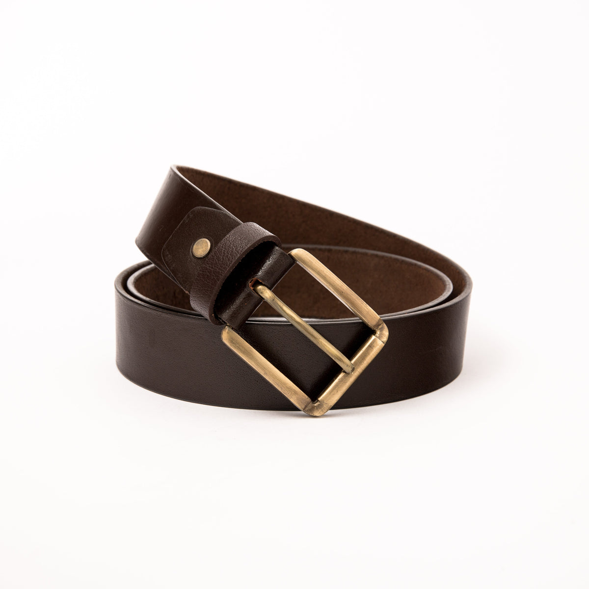 Photo of a casual dark brown leather belt with an antique copper buckle, shown rolled on a clean white background, highlighting the natural leather texture and classic high-quality finish.