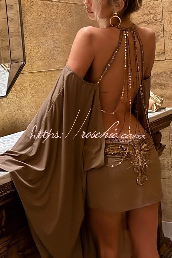 Alula Chain Sequin Embroidered Butterfly Kimono Slit Sleeve Backless Mini Dress