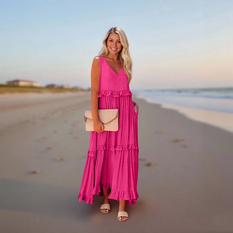Wtobby Women's Summer Long Dress with Lining, Big Swing Beach V-Neck Maxi Dress, Lightweight and Flowy for Vacation, Ocean Getaways,Hot Pink XL