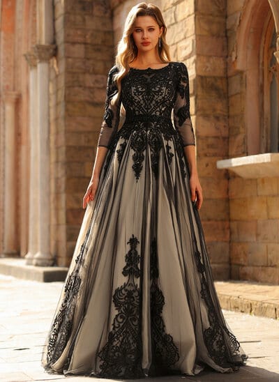 Floor Length Black Prom Dress Black Prom Dresses V-Neck Puffy Sleeves A-Line Evening Clo