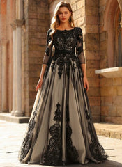 Floor Length Black Prom Dress Black Prom Dresses V-Neck Puffy Sleeves A-Line Evening Clo