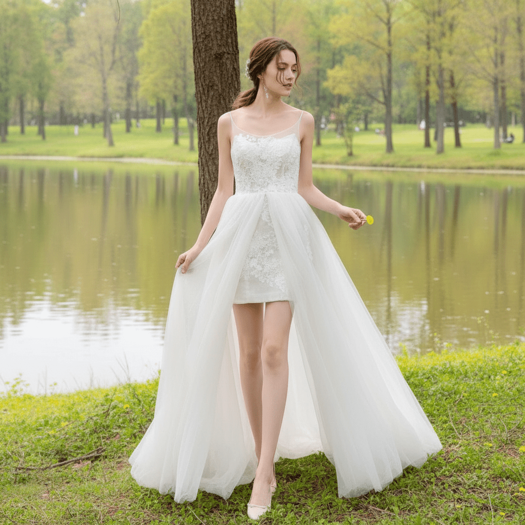 Elegant A-line Fitted Short Wedding Dresses with Detachable Overskirt - Rosymae