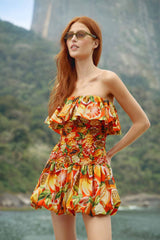 FARM Rio model wearing the Multicolor Fruit Garden Red Smocked Balloon Mini Dress