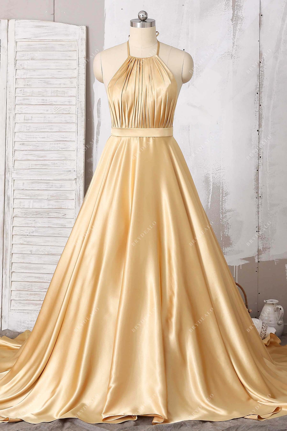 gold charmeuse A-line halter prom gown