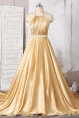 gold charmeuse A-line halter prom gown