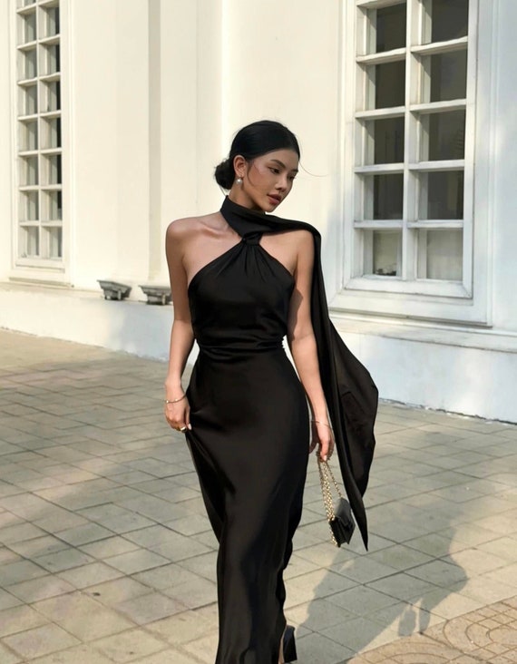 Backless Silk dress with halter neck, open-back Silk maxi dress with tie neck, Wedding guest maxi dress, Black long evening dress