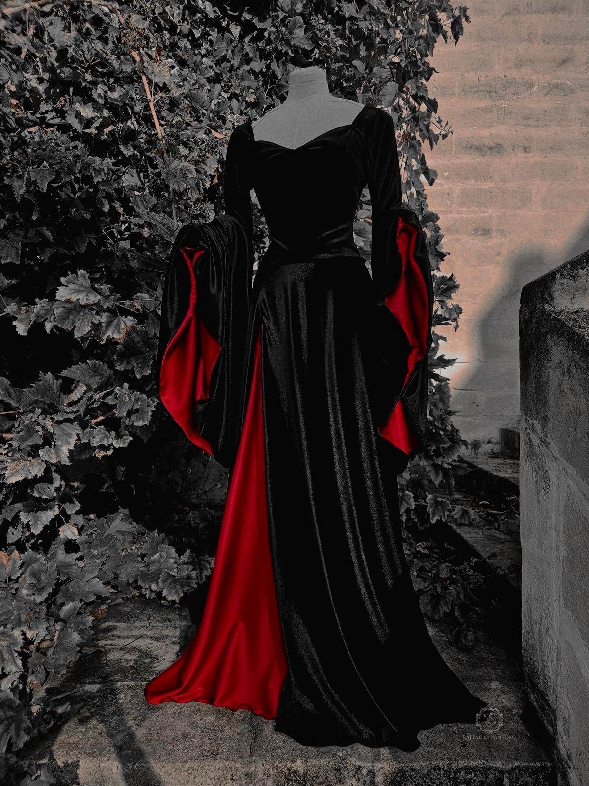 Gothic Velvet Witch Dress, Black Velvet Angel Sleeve Gown with Crimson Lining, Gothic tv show Inspired Costume, Halloween Evening Dress