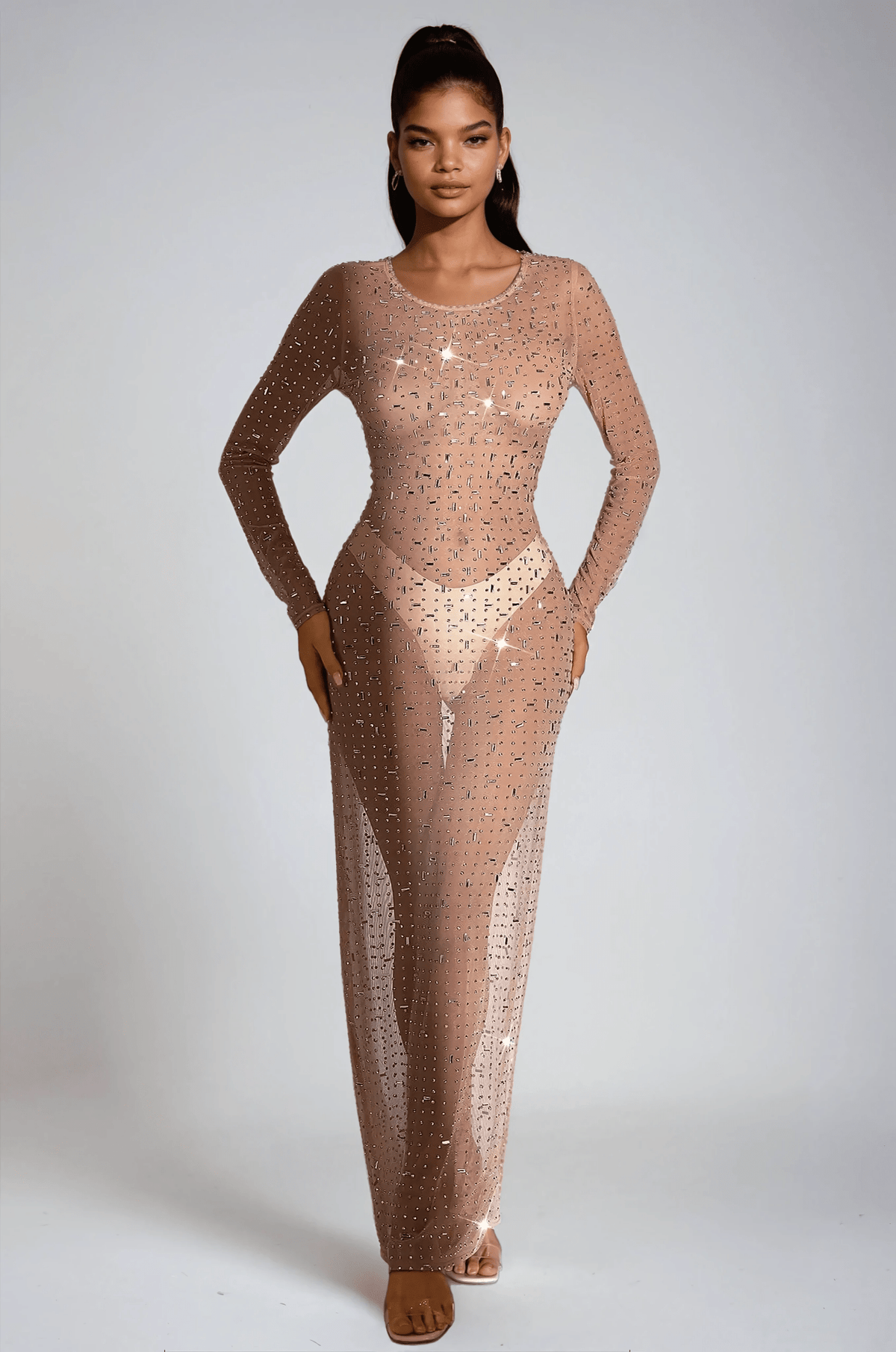 Mesh Sequin See - Through Long Dress