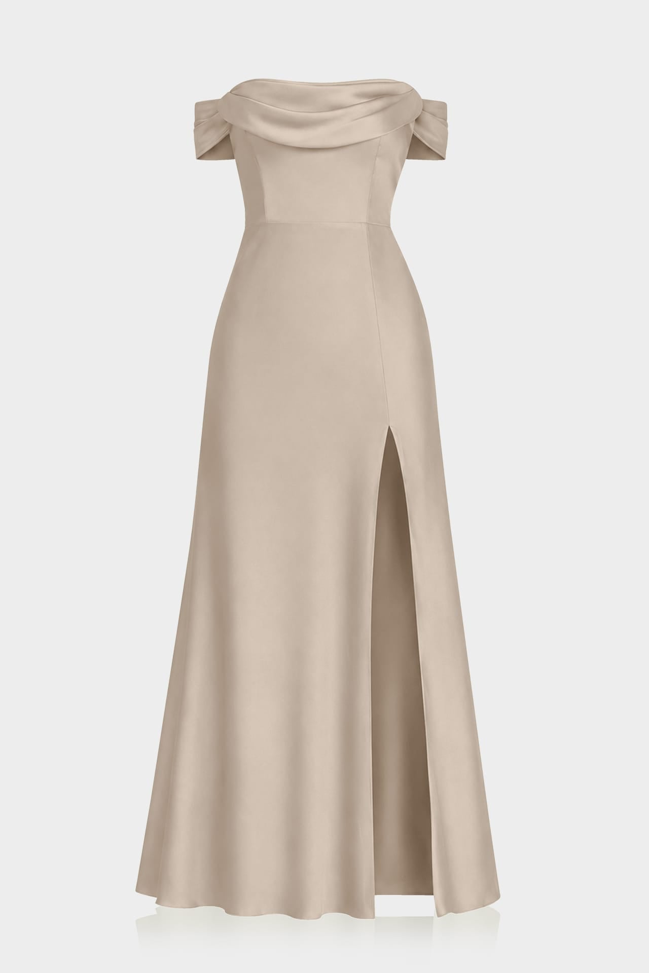 Rustic outdoor wedding guest dress in neutral taupe satin tone.