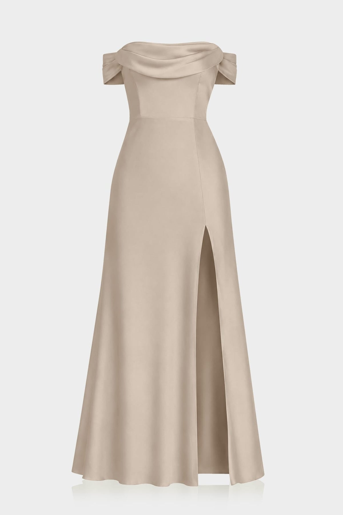 Rustic outdoor wedding guest dress in neutral taupe satin tone.